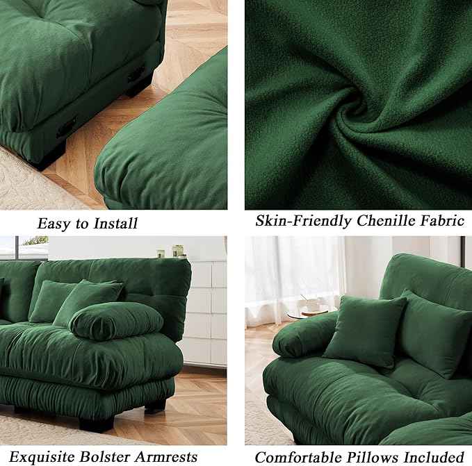 Modular Sectional Sofa, Comfy Cloud Couch 3 Seater Couch, Sectional Couches for Living Room, Modern Chenille Oversized Couches for Bedroom, Sleeper Deep Seat Sofa with Throw Pillows, Green