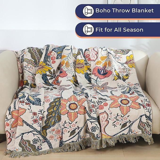 Boho Cotton Throw Blanket - Ultra-Soft Rustic Quilt for Bed, Home Decor & Travel - Large 60