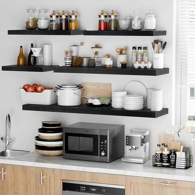 Fun Memories Floating Shelves - 12 Inch Rustic Wooden Wall Shelves - Extra Deeper & Thicker Wall Mounted Storage Shelf for Living Room, Kitchen, Farmhouse - 48
