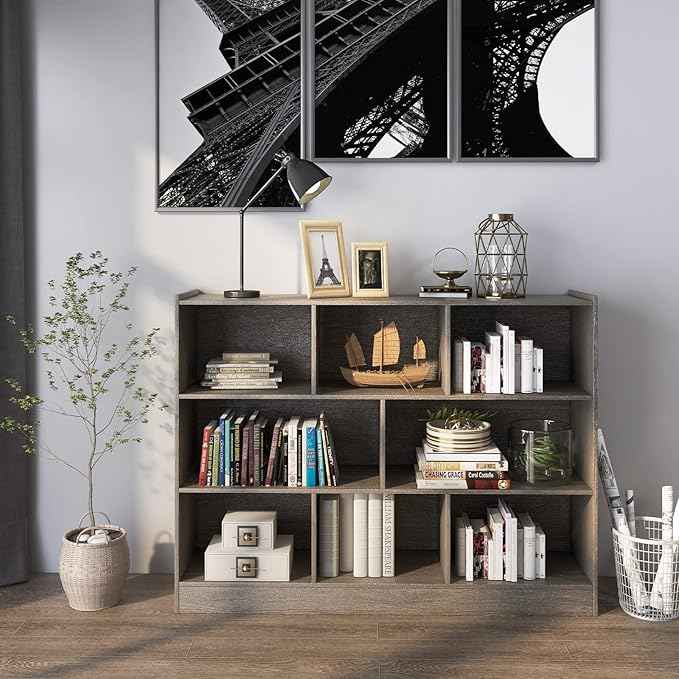 Tangkula 8-Cube Bookcase, Wood 3 Tier Open Storage Bookshelf, Modern Multipurpose Display Cabinet for Living Room, Study, Reading Nook, 48 x 12.5 x 36.5 Inch, Grey