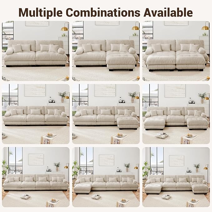 L Shaped Couch Sectional Couch, 3-Seater Cloud Couch Sectional Oversized Couch, Sofa Bed Couch with Round Bolster Armrests 5 Pillows, Modular Couch Home Sofa Living Room Couch