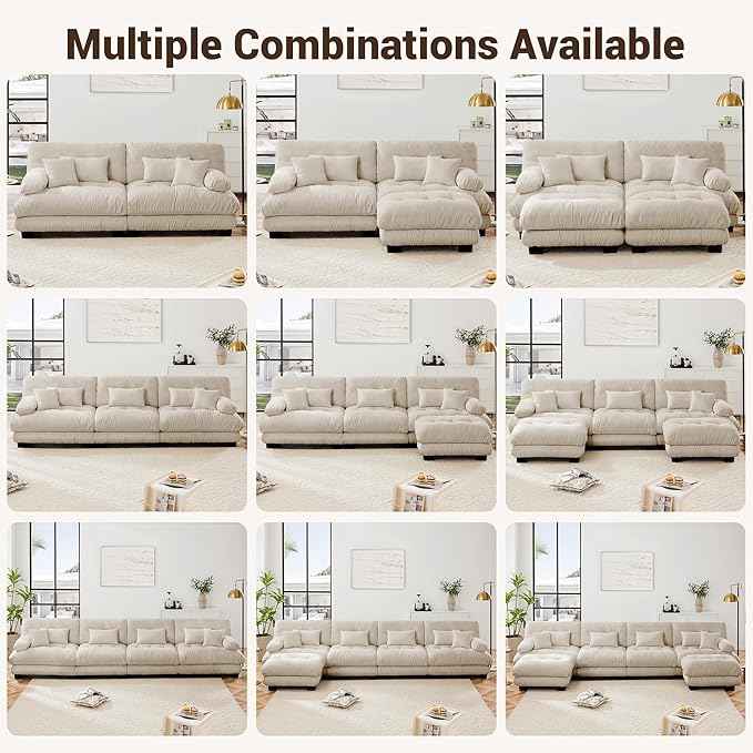 U Shaped Couch Sectional Couch, 4-Seater Cloud Couch Sectional Oversized Couch, Sofa Bed Couch with Round Bolster Armrests 6 Pillows, Modular Couch Home Sofa Living Room Couch