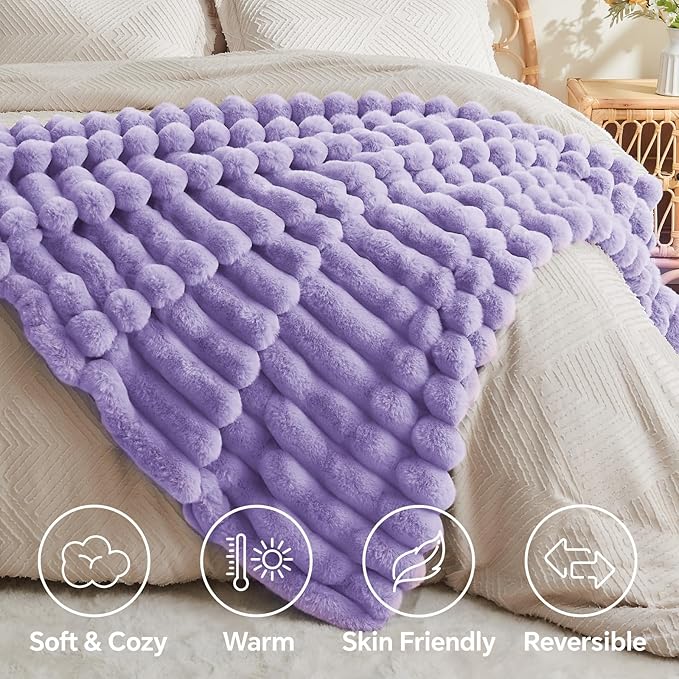 BEDELITE Faux Fur Throw Blanket for Couch, Soft and Cozy Luxurious 3D Striped Fluffy Blanket, 770GSM Thick Warm Plush Fuzzy Faux Rabbit Fur Blanket for Women Gift (Lavender, 60