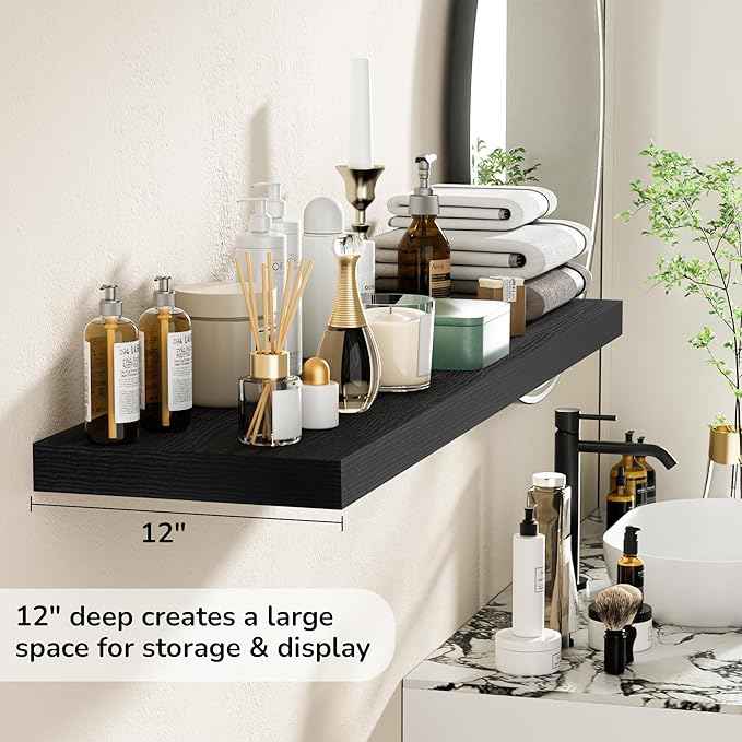 Fun Memories Floating Shelves - 12 Inch Rustic Wooden Wall Shelves - Extra Deeper & Thicker Wall Mounted Storage Shelf for Living Room, Kitchen, Farmhouse - 48