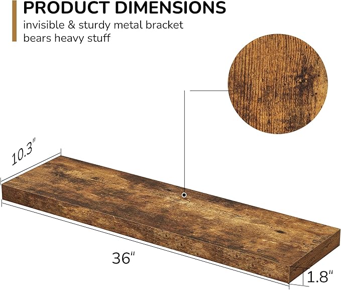 Floating Shelves - 10.3 Inch Deep Wall Shelf for Decor & Storage - Wall Mounted Display Shelving with Invisible Heavy-Duty Metal Bracket - 36
