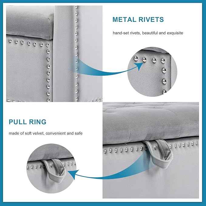 Storage Ottoman Bench, Velvet Upholstered Footstool for Bedroom and Living Room, Tufted Seat with Storage, Wooden Legs & Metal Rivets, Grey