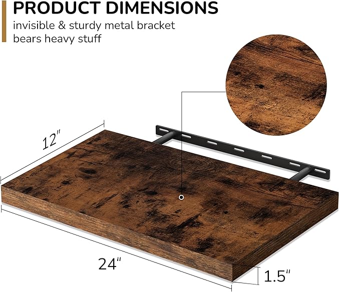 Fun Memories Floating Shelves - 2 Pack 12 Inch Deep Rustic Wooden Wall Shelves - Extra Deeper & Thicker Wall Mounted Storage Shelf for Living Room, Kitchen, Farmhouse - 24