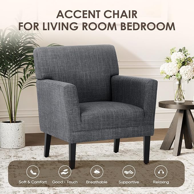 COLAMY Accent Chair Set of 2 for Living Room, Modern Upholstered Fabric Accent Armchair with Back, Soft Single Sofa Chair with Arms for Bedroom/Office/Reception Room, Dark Grey