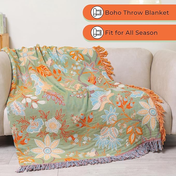 Boho Fall Throw Blanket for Bed，100% Ultra Cotton Soft Breathable Bed Throw Floral Printed Farmhouse Decor Rustic Bed Throws for Couch Sofa Quilt 60