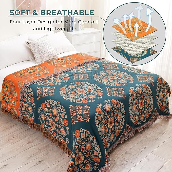 Fall Throw Blanket for Couch Bed Chair,100% Cotton Soft Lightweight Blanket Rustic Quilt -Orange Floral Printed Farmhouse Decor Bed All Season Blankets,60