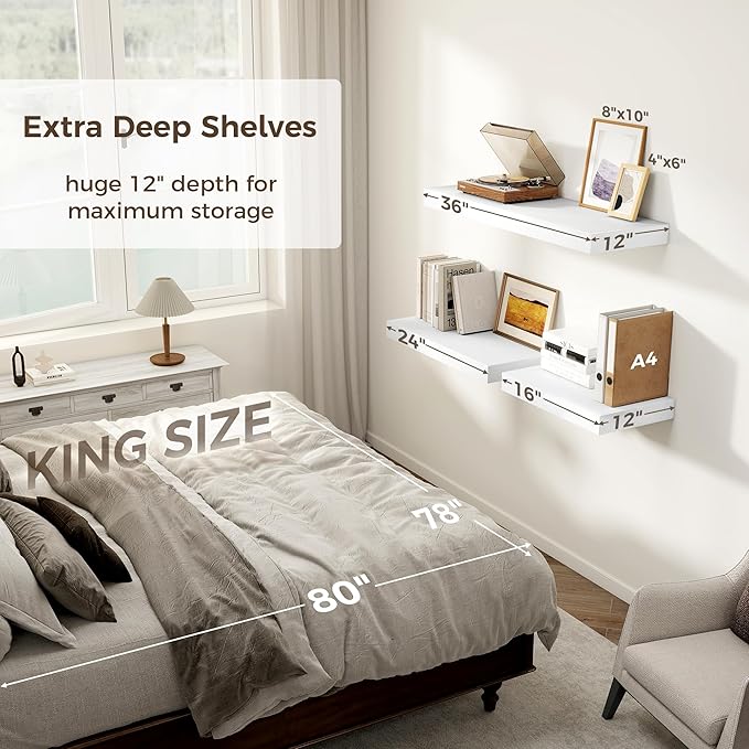12 Inch Deep White Floating Shelves, 24 x 12 Floating Shelf for Books, Rustic Wood Deep Wall Shelves for Home Storage & Display, 2