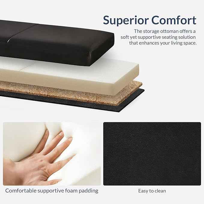 BELLEZE 47 Inch Storage Ottoman, Faux Leather Storage Bench Bedroom Bench with Safety Close Hinge, Ottoman with Storage for Living Room, Entryway, Hallway, Foot Rest, Support 300lbs - Black