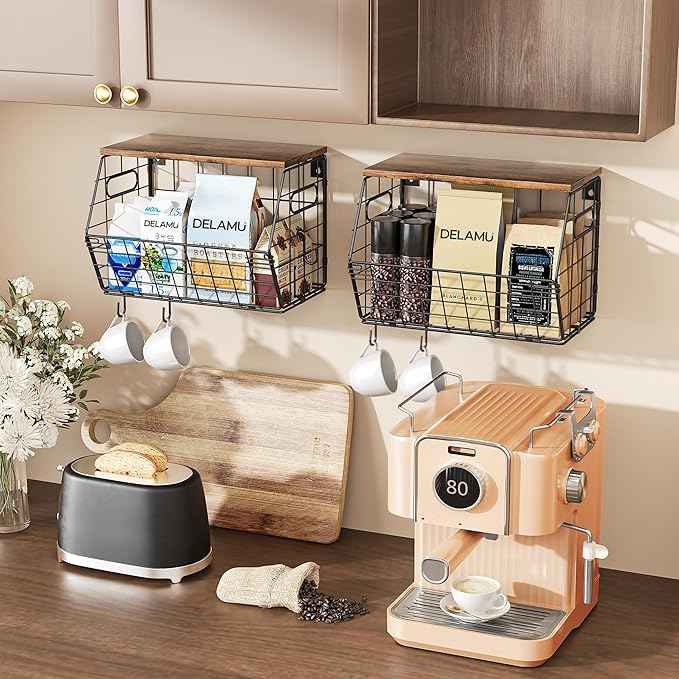 Delamu 2-Pack Stackable Metal Fruit Basket with Wood Lid-Wall Mounted & Countertop Organizer for Kitchen,Pantry- Ventilated Storage for Onions,Potatoes,Fruits,Spices (12