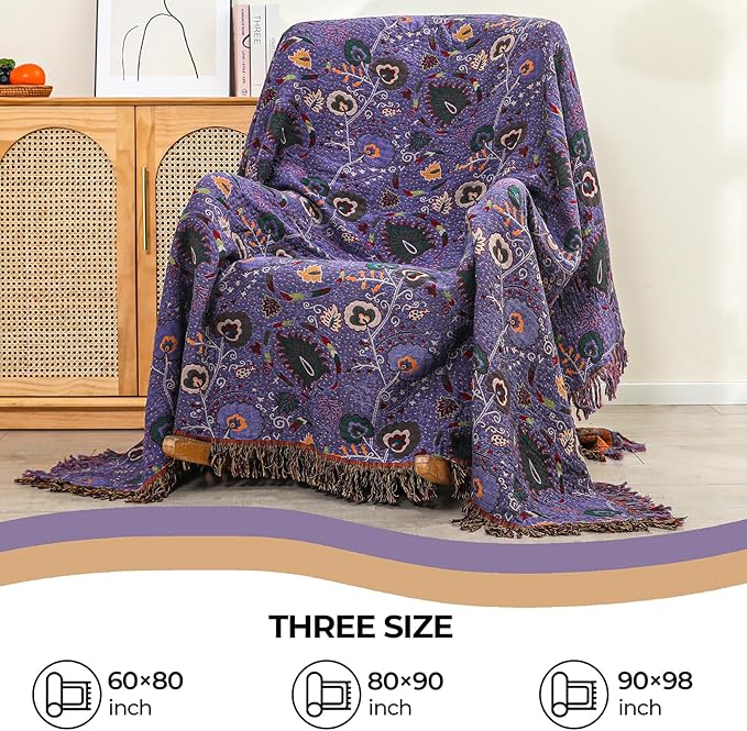 Boho Fall Throw Blanket for Bed Purple Flowers，100% Ultra Cotton Soft Breathable Bed Throw Floral Printed Farmhouse Decor Rustic Bed Throws for Couch Sofa Quilt 90