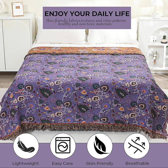 Boho Fall Throw Blanket for Bed Purple Flowers，100% Ultra Cotton Soft Breathable Bed Throw Floral Printed Farmhouse Decor Rustic Bed Throws for Couch Sofa Quilt 80
