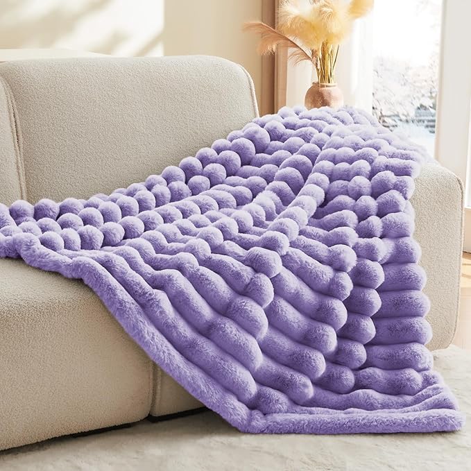 BEDELITE Faux Fur Throw Blanket for Couch, Soft and Cozy Luxurious 3D Striped Fluffy Blanket, 770GSM Thick Warm Plush Fuzzy Faux Rabbit Fur Blanket for Women Gift (Lavender, 50