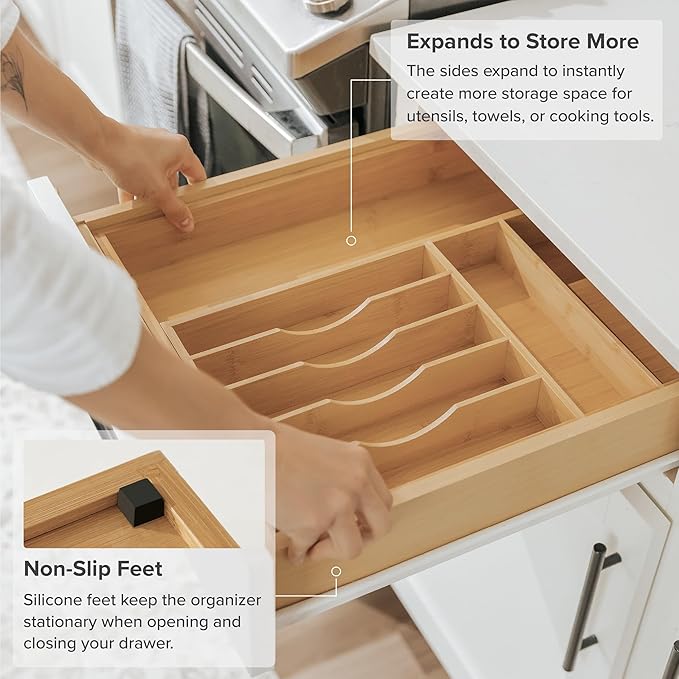 Premium Silverware, Flatware and Utensil Organizer for Kitchen Drawers, Food-Safe Contract Grade, Expandable from 10.5 to 19 In, Natural Bamboo