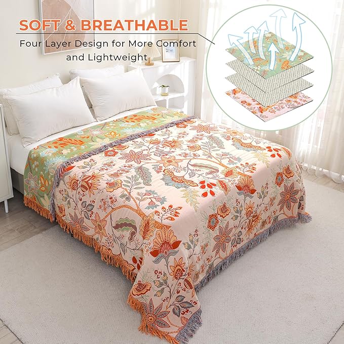 Boho Fall Throw Blanket for Bed，100% Ultra Cotton Soft Breathable Bed Throw Floral Printed Farmhouse Decor Rustic Bed Throws for Couch Sofa Quilt 60