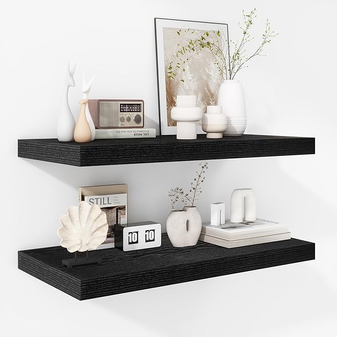 Fun Memories Floating Shelves - 2 Pack 12 Inch Rustic Wooden Wall Shelves - Extra Deeper & Thicker Wall Mounted Storage Shelf for Living Room, Kitchen, Farmhouse - 24