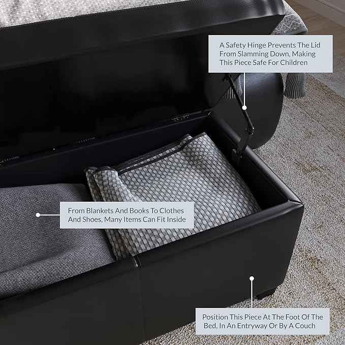 BELLEZE 47 Inch Storage Ottoman, Faux Leather Storage Bench Bedroom Bench with Safety Close Hinge, Ottoman with Storage for Living Room, Entryway, Hallway, Foot Rest, Support 300lbs - Black
