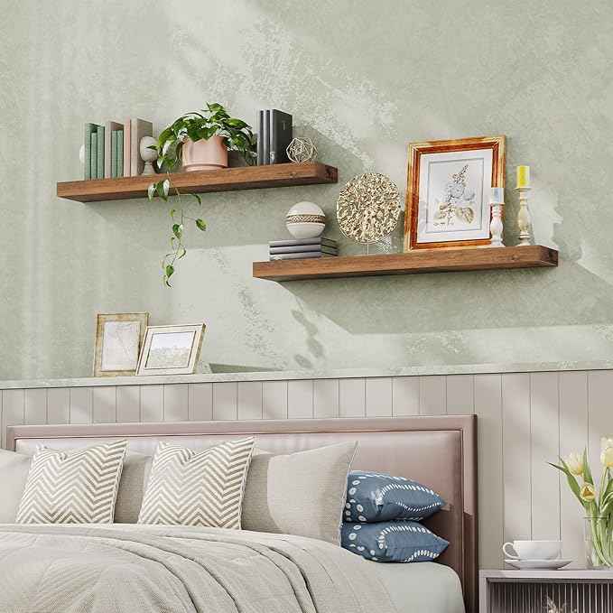 HOOBRO Floating Shelves for Wall, Wall Mounted Shelf Set of 2, 47.2" Hanging Shelf with Invisible Brackets, for Wall Bathroom, Bedroom, Toilet, Kitchen, Living Room, Office, Rustic Brown BF120BJP201