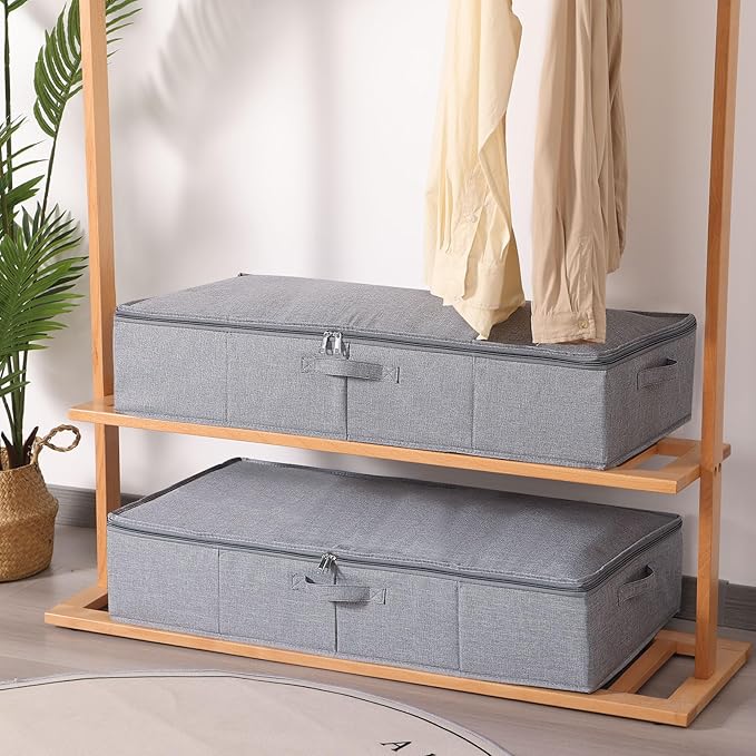 Under the Bed Storage Bins, 31.5 x 15.7 x 5.9 Inch Closet Organizers with Reinforced Handles for Blanket, Sheets, Pillows, Towels, Shoes, Grey, 2 Pack