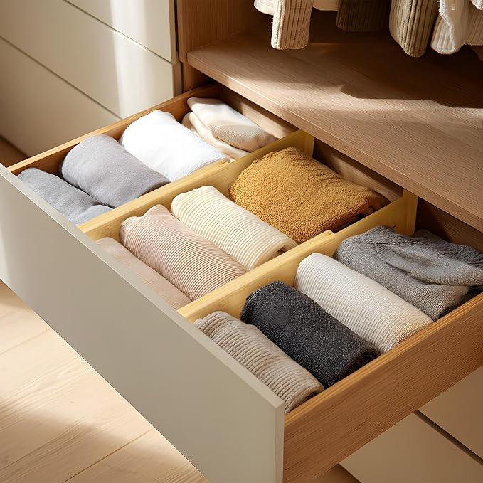 VaeFae 3 Pack Bamboo Drawer Dividers, 4