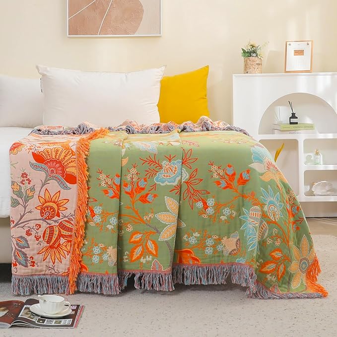 Boho Fall Throw Blanket for Bed，100% Ultra Cotton Soft Breathable Bed Throw Floral Printed Farmhouse Decor Rustic Bed Throws for Couch Sofa Quilt 90