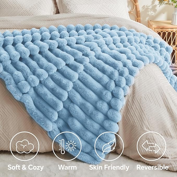 BEDELITE Faux Rabbit Fur Blanket, Luxurious 3D Striped Spring Blanket for Decor & Gift, Soft and Warm Plush Fluffy Faux Fur Throw Blanket All Seasons Suitable, (Light Blue, 60