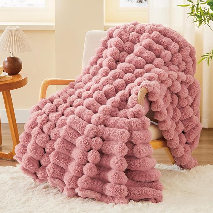 BEDELITE Faux Fur Throw Blanket for Couch, Soft and Cozy Luxurious 3D Striped Pink Fluffy Blanket, 770GSM Thick Warm Plush Fuzzy Faux Rabbit Fur Blanket for Women Gift, 50