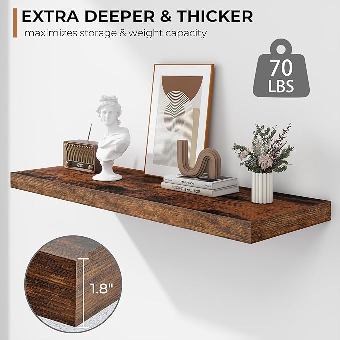 Fun Memories Floating Shelves - 2 Pack 12 Inch Rustic Wooden Wall Shelves - Extra Deeper & Thicker Wall Mounted Storage Shelf for Living Room, Kitchen, Farmhouse - 36