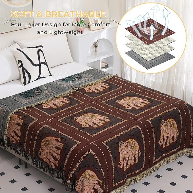 Boho Throw Blanket for Bed with Tassels,100% Cotton Ultra Soft and Cozy Large Blanket Elephant Printed Farmhouse Decor Bed Blankets,60