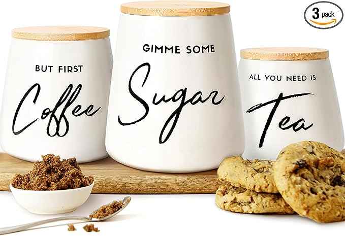 Coffee Tea and Sugar Ceramic Canister Set - 3-Piece Airtight Kitchen Canisters for Countertop - Coffee Bar Container Set