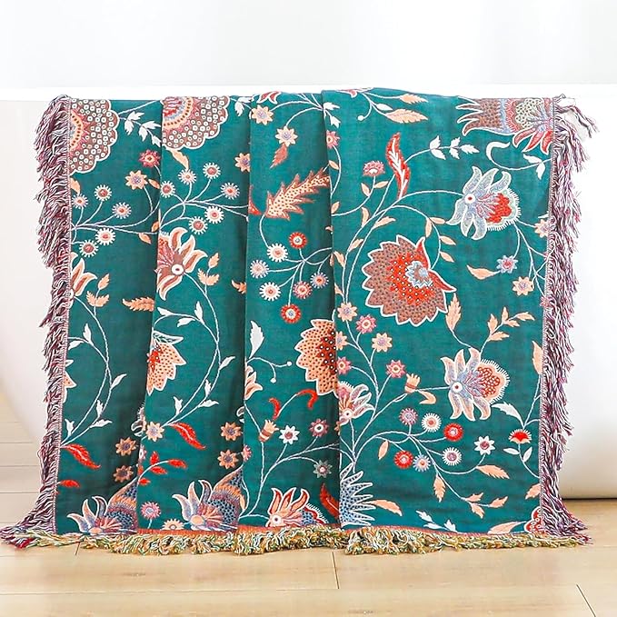 Boho Throw Blanket for Bed,100% Ultra Cotton Soft Breathable Bed Throw Floral Printed Farmhouse Decor Rustic Bed Throws for Couch Sofa Quilt White Flowers 60