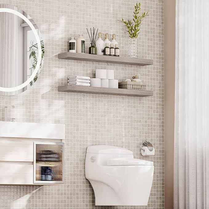 HOOBRO Floating Shelves for Wall, Wall Mounted Shelf Set of 2, 47.2" Hanging Shelf with Invisible Brackets, for Wall in Bathroom, Bedroom, Toilet, Kitchen, Living Room, Office, Greige BG120BJP201