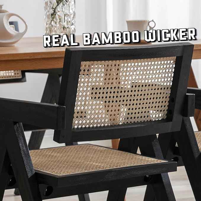 Rattan Dining Chairs Set of 2, Farmhouse Wicker Dining Chairs with Cane Seat Accent Armchair for Dining Room Kitchen Restaurant, Walnut