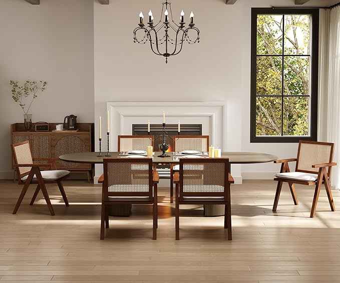 Rattan Dining Chairs Set of 6, Farmhouse Wicker Dining Chairs with Removable Linen Cushion Accent Cane Armchair for Dining Room Kitchen Restaurant, Walnut
