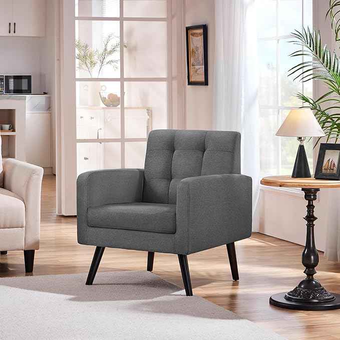 Yaheetech Modern Living Room Chair, Mid-Century Armchair Button Tufted Back and Wood Legs, Vintage Lounge Chair for Bedroom/Home Office/Study, Gray