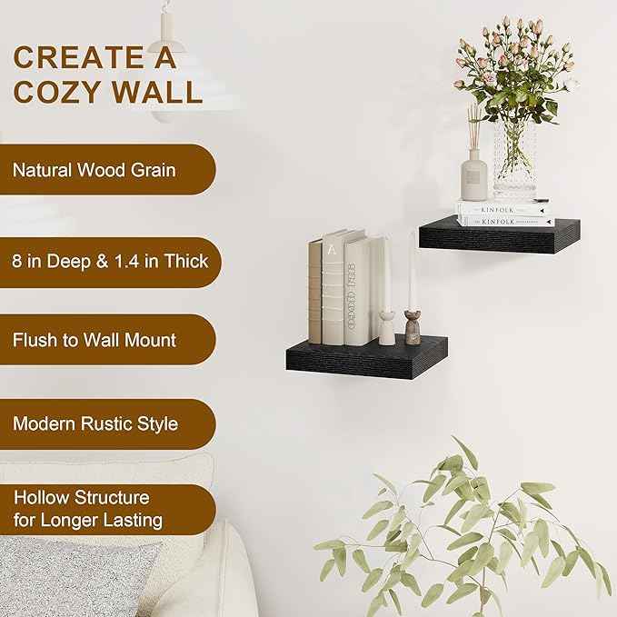Fun Memories Black Floating Shelves 8 Inch Long, 8" Deep Wall Shelves, Small Deep Floating Shelf Square Wall Shelf, Rustic Display Shelves for Living Room, Bathroom, Kitchen, Set of 2