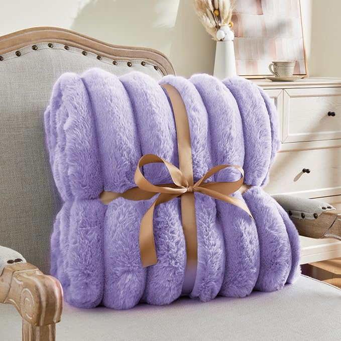 BEDELITE Faux Fur Throw Blanket for Couch, Soft and Cozy Luxurious 3D Striped Fluffy Blanket, 770GSM Thick Warm Plush Fuzzy Faux Rabbit Fur Blanket for Women Gift (Lavender, 60