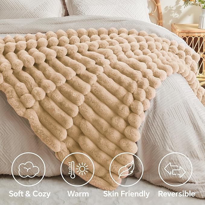 BEDELITE Faux Fur Throw Blanket for Couch, Soft and Cozy Luxurious 3D Striped Fluffy Blanket, 770GSM Thick Warm Plush Fuzzy Faux Rabbit Fur Blanket for Women Gift (Brown, 50