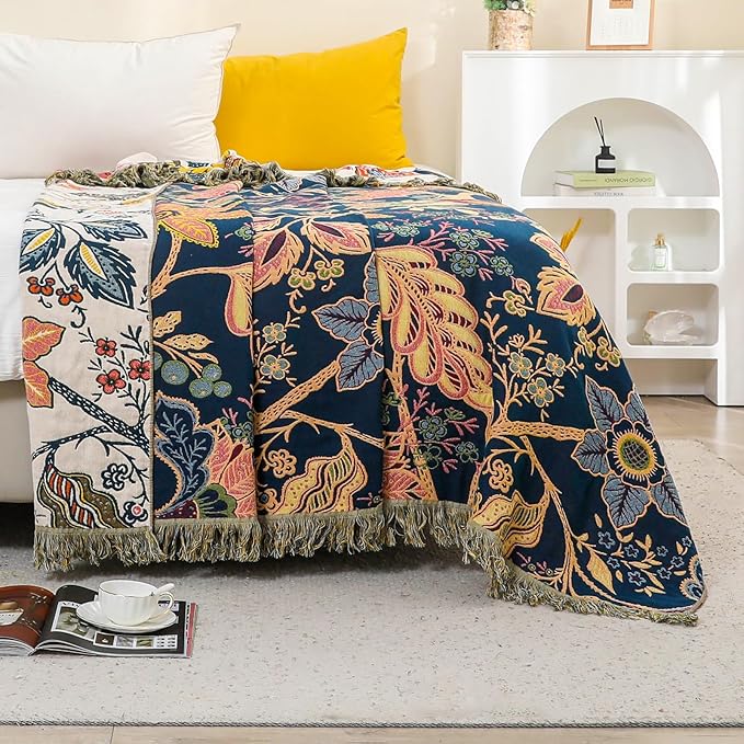 Boho Cotton Throw Blanket - Ultra-Soft Rustic Quilt for Bed, Home Decor & Travel - Large 60