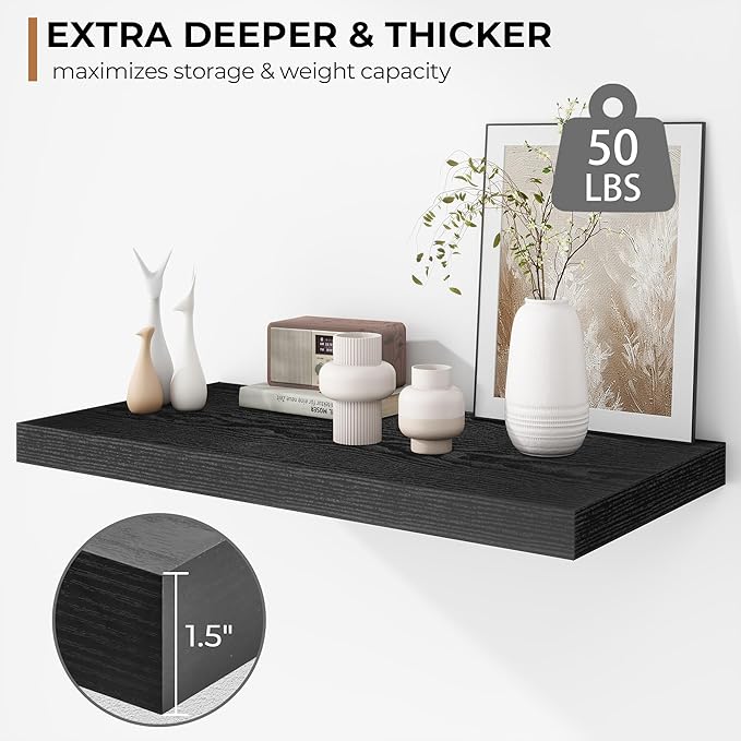 Fun Memories Floating Shelves - 2 Pack 12 Inch Rustic Wooden Wall Shelves - Extra Deeper & Thicker Wall Mounted Storage Shelf for Living Room, Kitchen, Farmhouse - 24
