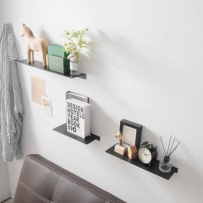 JOOM Black Floating Shelves for Wall Storage, Metal Wall Shelves for Living Room, Bathroom, Kitchen, 16” Display Shelves for Collectibles(2 PCS)