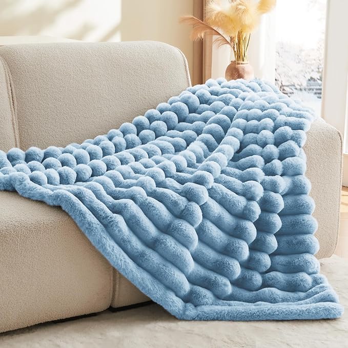 BEDELITE Faux Rabbit Fur Blanket, Luxurious 3D Striped Spring Blanket for Decor & Gift, Soft and Warm Plush Fluffy Faux Fur Throw Blanket All Seasons Suitable, (Light Blue, 50