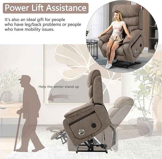 Power Lift Recliner Chair for Adults Elderly Lay Flat Velvet Recliners with Massage Heating, Extended Footrest, Wireless Charging Device, USB Ports, Cup Holder, Lumbar Pillow