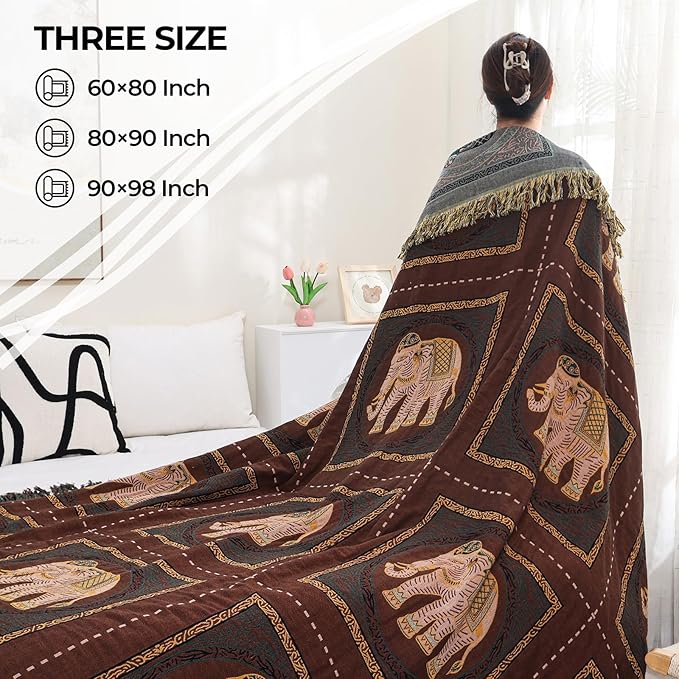 Boho Throw Blanket for Bed with Tassels,100% Cotton Ultra Soft and Cozy Large Blanket Elephant Printed Farmhouse Decor Bed Blankets,60