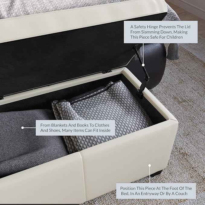 BELLEZE 47 Inch Storage Ottoman, Faux Leather Storage Bench Bedroom Bench with Safety Close Hinge, Ottoman with Storage for Living Room, Entryway, Hallway, Foot Rest, Support 300lbs - Cream
