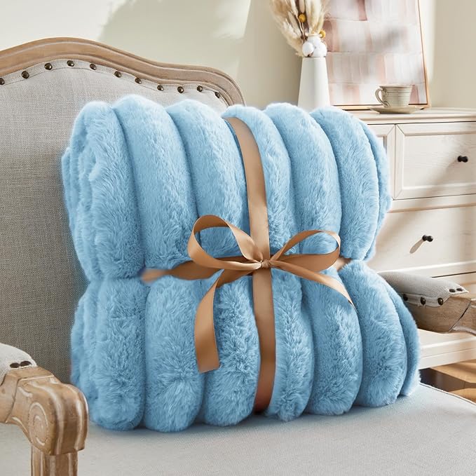 BEDELITE Faux Rabbit Fur Blanket, Luxurious 3D Striped Spring Blanket for Decor & Gift, Soft and Warm Plush Fluffy Faux Fur Throw Blanket All Seasons Suitable, (Light Blue, 60