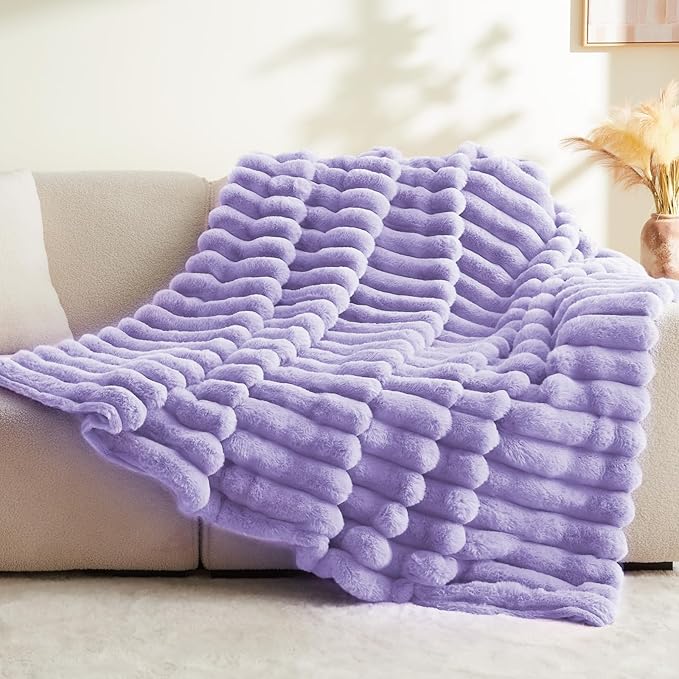 BEDELITE Faux Fur Throw Blanket for Couch, Soft and Cozy Luxurious 3D Striped Fluffy Blanket, 770GSM Thick Warm Plush Fuzzy Faux Rabbit Fur Blanket for Women Gift (Lavender, 50